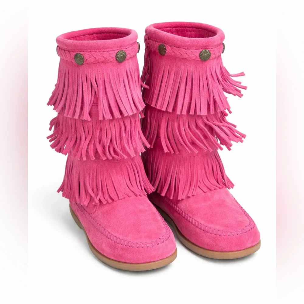 Minnetonka Pink Fringe Boots Kids Size 3 Boho Western Barbiecore‎ Suede